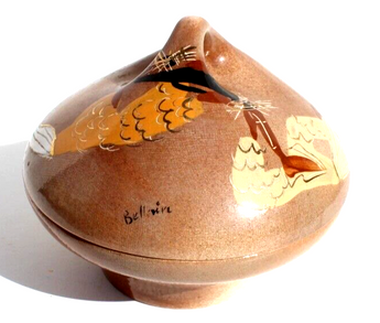 Vtg MARC BELLAIRE CALIFORNIA POTTERY Covered DISH Bowl JAMAICA PATTERN SIGNED