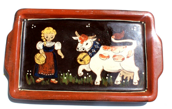 VTG Burkart Handarbeirt Pottery Wall Hanging GIRL W/ Her Cow Signed Plate