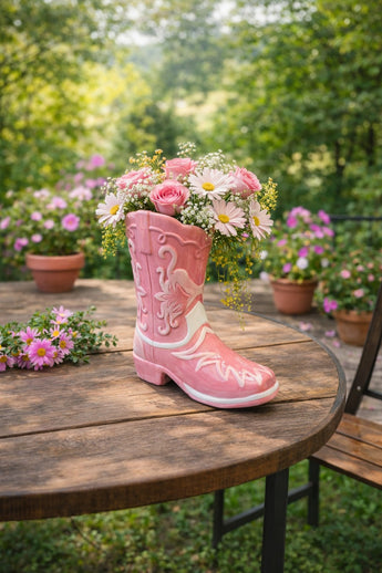 New Pink / White Western Cowgirl Boot Decorative Flower Table Vase Room Decor