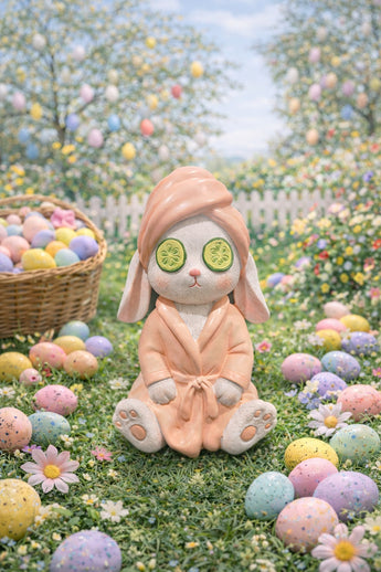 New Pink Easter Bunny W/ Cucumbers On Eyes Spa Day Funny Figurine Room Decor
