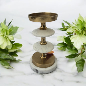New MCM Retro Gold White India Marble Candle Stand Holder Tablel Room 10" Tall