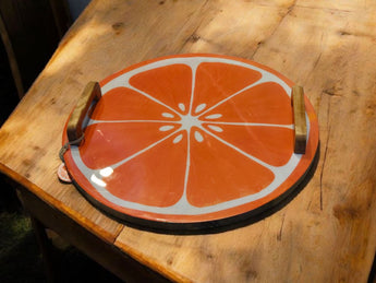 New Large Wood Plastic Flat Orange Slice Party BBQ Picnic Serving Tray W Handles
