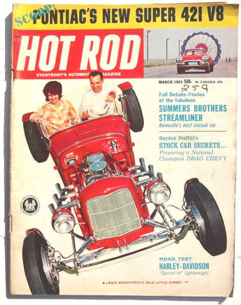 Vtg Hot Rat Rod Car Magazine - March 1963 HOT ROD (Harley Davidson Road Test)