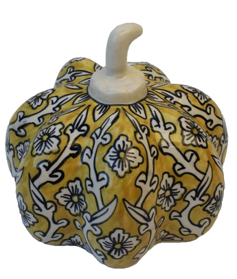 New Lrg Yellow Black Hand Painted Ceramic Pumpkin Floral Decorative Fall Decor