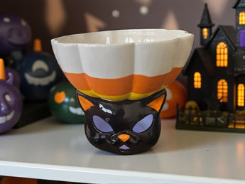 New Light Up Candy Corn Kitty Cat Halloween Candy Dish Bowl Spooky