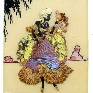 Vtg Victorian Dried Flowers & Butterfly Moth Framed Art Silhouette Flapper Girl