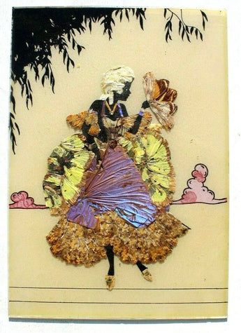 Vtg Victorian Dried Flowers & Butterfly Moth Framed Art Silhouette Flapper Girl