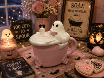 New Pastel Ghost Reading Book In Bubble Bath Tub Mug W/ Lid Halloween Coffee Mug