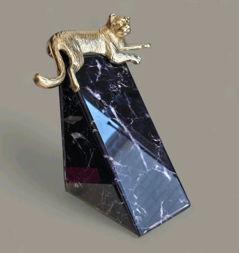 New Black & Gold MCM Art Deco Leopards Cheetahs Cats Bookend Marble Finish