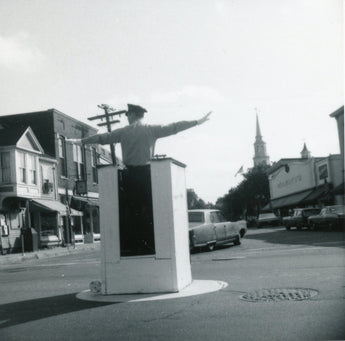 Vintage 1970s Black & White Traffic Police Stand In Intersection Photo