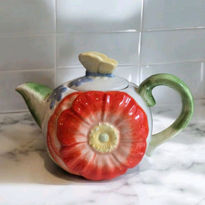 New Spring Summer Floral Flower Ceramic Teapot W/ Butterfly Tea Pot Gift