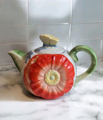 New Spring Summer Floral Flower Ceramic Teapot W/ Butterfly Tea Pot Gift