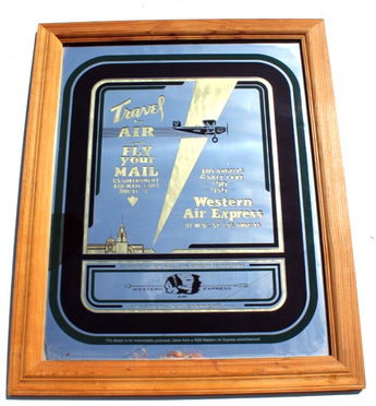 Vtg WESTERN AIR EXPRESS Travel By Air Aviation Fly Framed Advertising Mirror