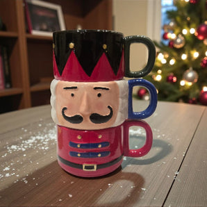 New BLK Solider Nutcracker Christmas 3 Stacking Coffee Tea Mug Cup W/ Handle