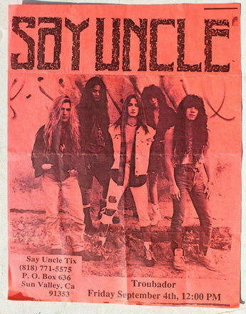 Vtg 1980s 1990s Punk Rock Hair Band Concert Flyer Say Uncle (Troubador) Sept 4th