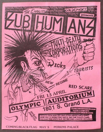 Vtg 1980's The English Subhumans MULTI DEATH CORPPunk Rock Concert Flyer