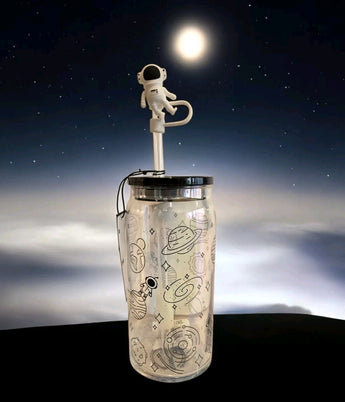 New Astronaut Space Black White Iced Coffee Cup Glass Lid & Straw Cute Drinkware