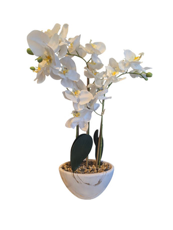 New Modern Orchid Fake Faux Artificial Plant White w/ River Pebbles Room Decor