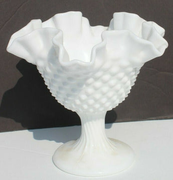 Vintage White Milk Glass Hobnail Ruffle Bubbled Elevated Candy Dish 6" Tall