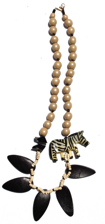 Vintage Zebra Jewelry Hand Carved Wood Jungle Safari Pendant Necklace