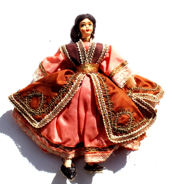 Antique Vintage 1950s Taffeta Costume Dark Hair Hand Painted Doll