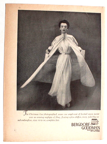 1950s Bergdorf Goodman Women's Angel Coat Frosted Rayon Moire Ad Advertising