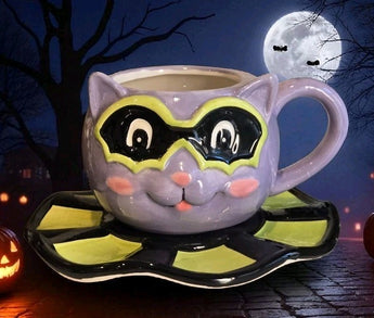 New Halloween Circus Purple / Green Cat W/ Bat Mask Coffee Tea Cup W/ Saucer