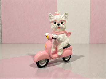 New Pink Resin Valentines Day Puppy White Terrier Dog Driving Scooter Figure