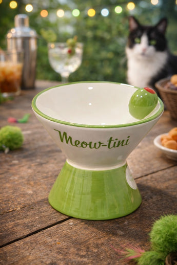 New Dirty Martini W/ Olive Meow-tini Ceramic Raised Tilted Cat Bowl