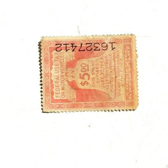 Vintage USA 1940s Federal Use Tax On Motor Vehicles $5 Stamp EXP: June 30, 1943