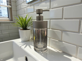 New Retro Glass Black Stripped Soap Dispenser Pump Bathroon Vanity Decor