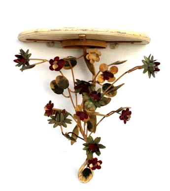 VTG MCM Home Interiors Victorian Wall Shelf Stand W/ Metal Flowers & Wood Top