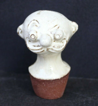 Vtg Clay Pottery White Glazed Old Man Face Head W/ Mustache Decanter Stopper Top