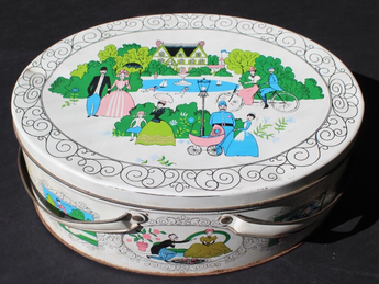 Vintage Lrg English Victorian Cookie Biscuit Confection Storage Tin W/ Handle