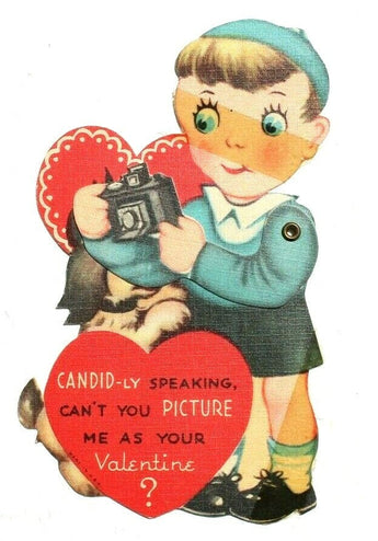 Vgt 1940's Boy Taking Picture Of Puppy (Moving) Valentine's Day Greeting Card