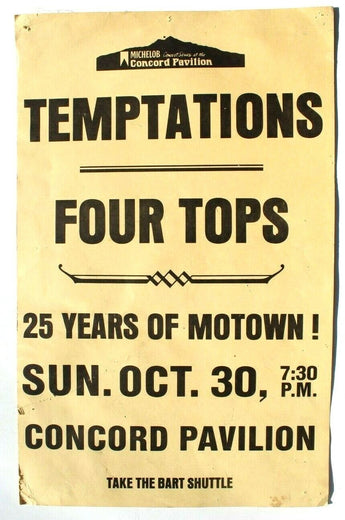 Vtg Temptations / Four Tops Sunday October 30th Motown Concord Pavilion Poster