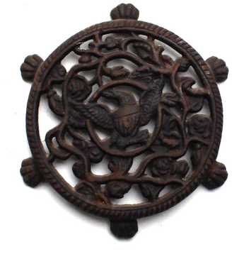 Vintage 1940's Japan Round Cast Iron Eagle & Roses Design Trivet Kitchen