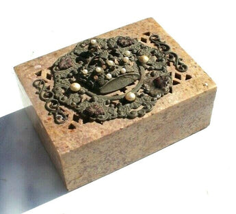 Vintage Crown Beaded Genuine Marble Natural Stone Trinket Incense Box