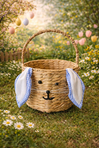 New Large Farmhouse Woven Rattan Blue Bunny Easter Basket W/ Ears Kids Boy