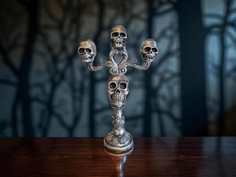 New Martha Stewart Home Halloween Skull Candelabra Silver 14 IN Candle Holder