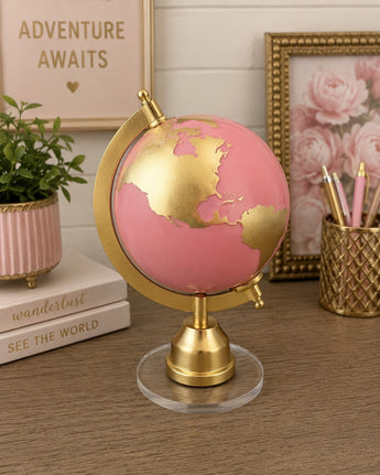 New Pink Glass Hollywood Regency Globe Sculpture Marble Base Figurine Room Decor