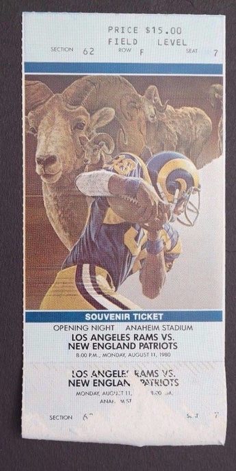 Vtg August 11, 1980 LOS ANGELES RAMS Vs. NEW ENGLAND PATRIOTS Souvenir Ticket