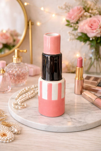 New Girly Pink / Black Stick Of Lipstick Ceramic Flower Vase Room Decor