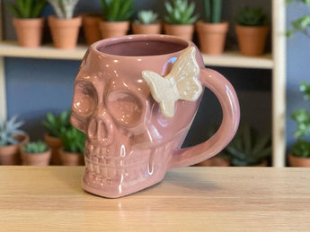 New Halloween LARGE Pink Skull Head W/ White Butterfly Coffee Tea Cup Mug