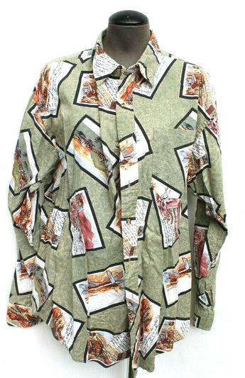 Vtg Mens John Ashford Retro Mod Post Cards Print Long Sleeve Button Up Shirt XL