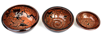 Vintage STAMPED Brown Crackling Funky Art Studio Pottery Stoneware 3 Bowl Set