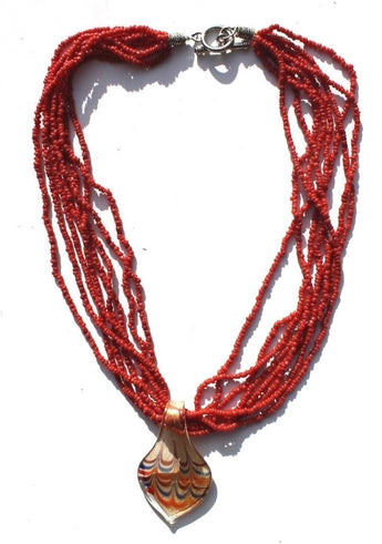 Vintage 1970's Chunky Red Beaded Retro Wave Glass Pendant Necklace Jewelry