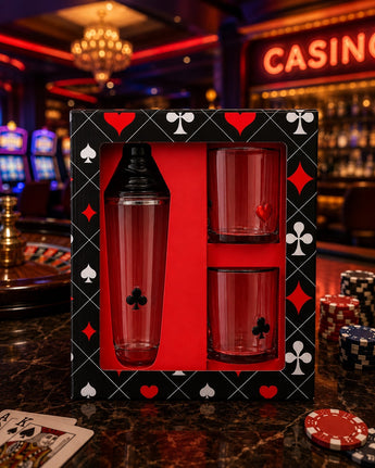 New Casino Playing Card Cocktail Shaker Set Gift Box Barware Hearts Clubs Cups