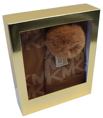 New Michael Kors Womens Tan / White Winter Scarf Hat Glove Gift Set