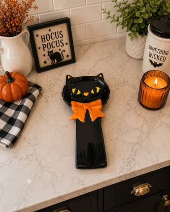 New Orange & Black Cat W/ Bow Halloween Holiday Kitchen Spoon Rest Decor